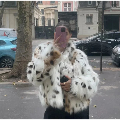 maoxiangshop  -  Dot Leopard Contrast Stand Collar Faux Fur Coat Women Warm Commute Long Sleeve Fluffy Plush Jacket Autumn High Street Outerwear