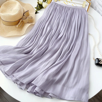 maoxiangshop Women's Organza Long Skirts Elastic Band High Wiatsed Fashion Chic Y2k Pleated A Line Elegant Office Casual Skirts