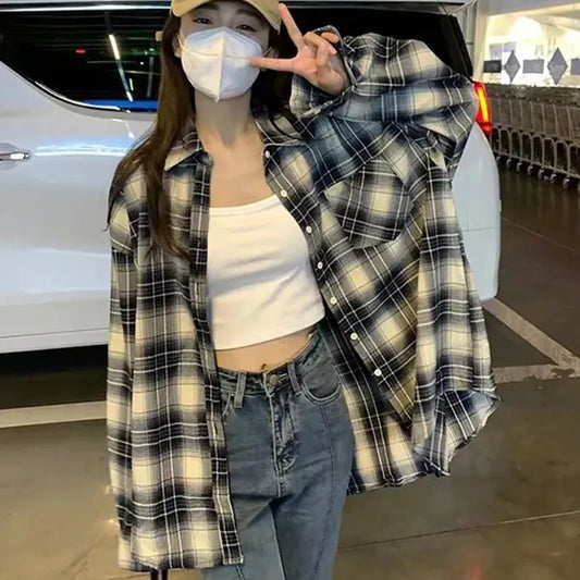 maoxiangshop Autumn All Match Plaid Shirts for Women Korean Fashion Button Up Oversized Shirt Woman Aesthetic Loose Blouse Female