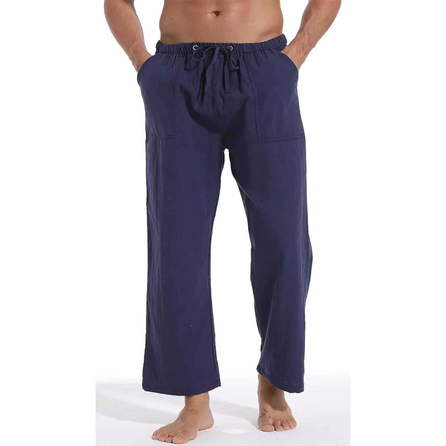 maoxiangshop New Men's Casual Linen Pants Solid Color Breathable Yoga Cotton Trousers Male Casual Elastic Waist Drawstring Fitness Pants