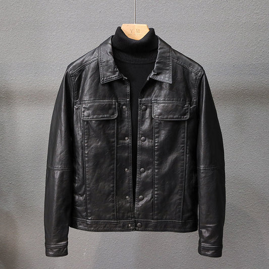 maoxiangshop Autumn New Korean Fashion Men's Slim Leather Jacket Retro Style Casual Lapel Black Biker Jacket Male Brand Clothes