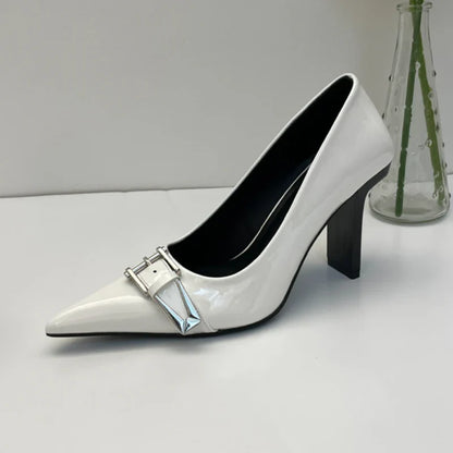 maoxiangshop  -  Patent Leather Sexy High Heels Women Metal Buckle Pointed Designer Pumps Female 2024 Fall Fashions Elegant Office Women Shoes