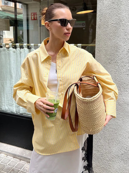 maoxiangshop  -  Yellow Striped Shirts For Women Autumn Loose Casual Long Sleeve Turndown Collar Blouses Female Simple Fashion Blouse 2024 New