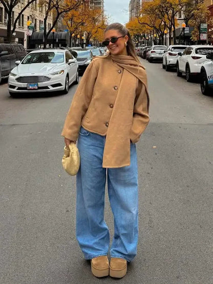 maoxiangshop  -  Chic Scarf Collar Women Short Coats Women Casual Single Breasted Long Sleeve Jackets 2024 Autumn New Lady High Street Outerwear