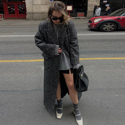 maoxiangshop  -  Elegant Gray Long Coat Women Woolen Double Breasted Turn-down Collar Oversize Thick Outwear 2024 Autumn Chic Casual Overcoat