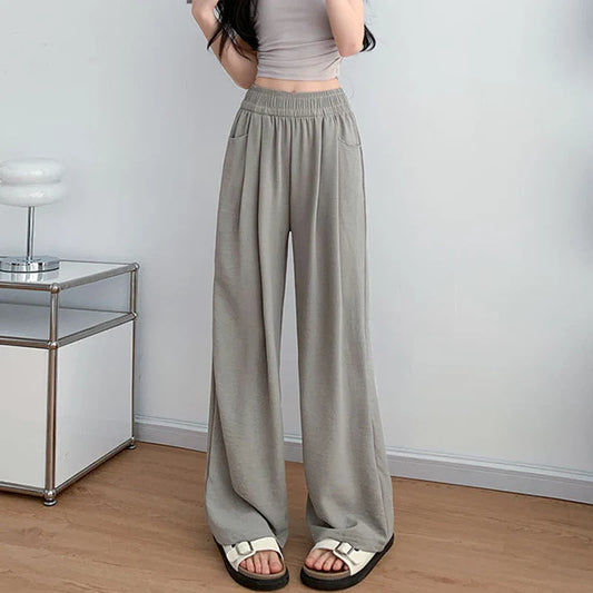 maoxiangshop 2024 Summer New Ice Silk Wide Leg Pants Women Thin Loose Ladies Casual Pants Slimming Y2K Women with Pockets Mop Pants Slim Body