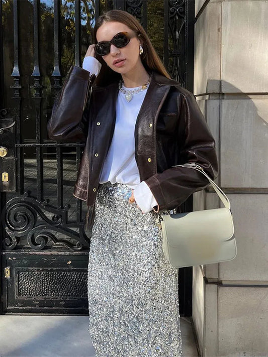 maoxiangshop  -  Fashion Pu Leather Brown Lapel Jacket Casual Long Sleeve Single Breasted Office Coat 2024 Autumn Chic High Street Lady Outwears
