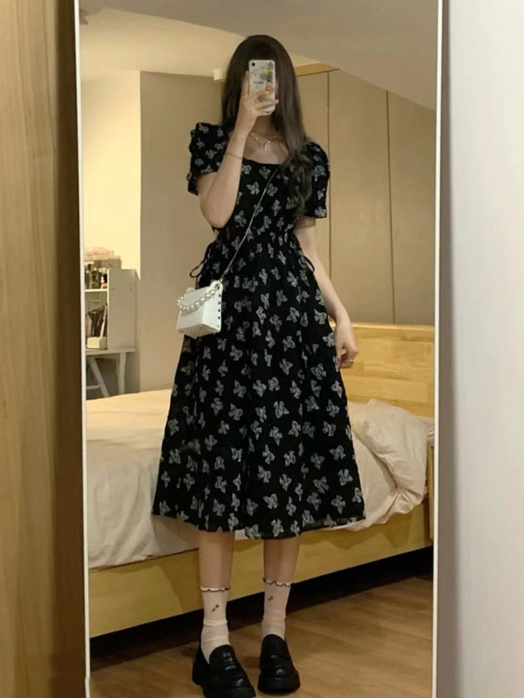 maoxiangshop Vintage Black Square Collar Bandage Puff Sleeve Print Chiffon Midi Maxi Dresses for Women Party Dress Korea Clothing Summer