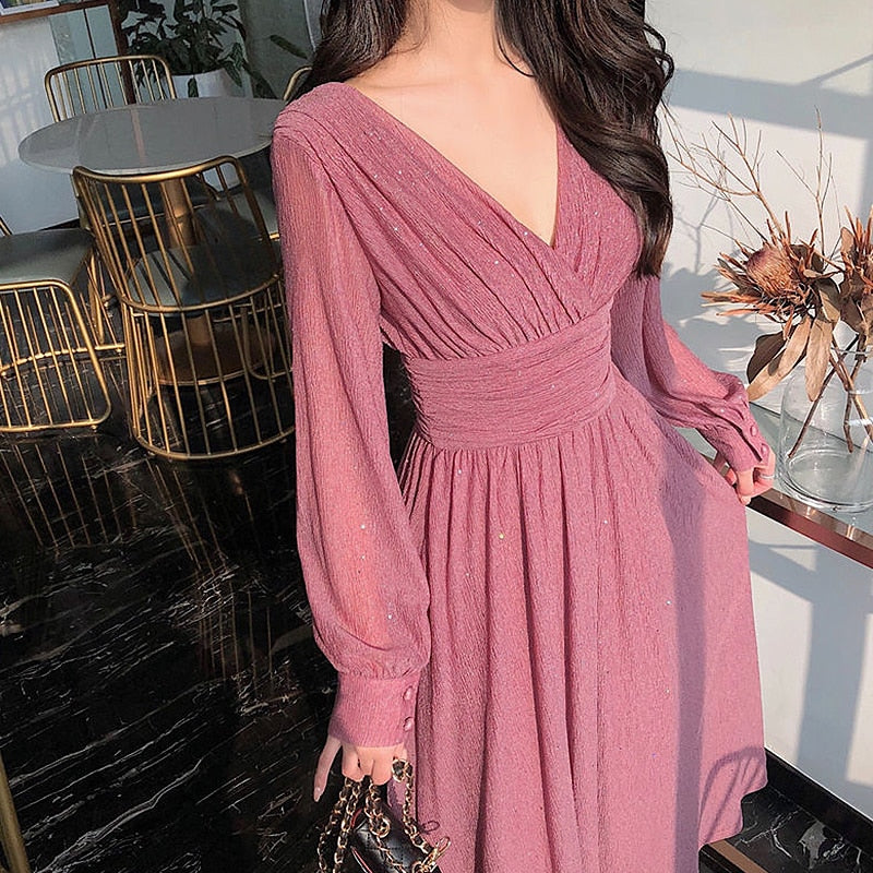 maoxiangshop Vintage Sexy Maxi Dresses for Women Party Sequin Midi Dress Female Casual Chiffon Slim Korean Woman Dress Elegant Autumn