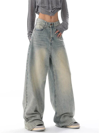 maoxiangshopWomen's American Vintage Washed Thin Jeans Street Casual Neutral Style Blue Denim Trousers Female High Waist Straight Pants