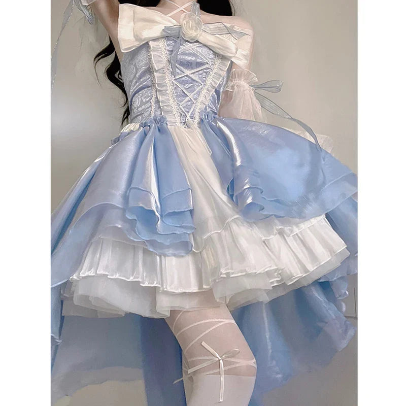 Elegant Girl Cosplay Princess Puff Sleeve Ribbon Bowknot Flower Tunic Mesh Fantastic Fairy Lolita Dress For Women