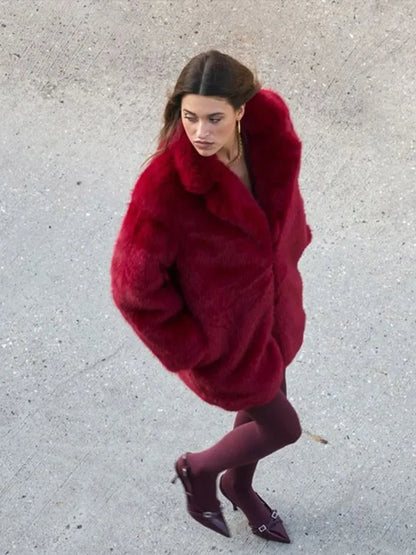 maoxiangshop  -  Red Faux Fur Jacket Women Lapel Full Sleeves Single Breasted Female Jackets 2024 Autumn Winter Fashion Casual Warm Lady Coats
