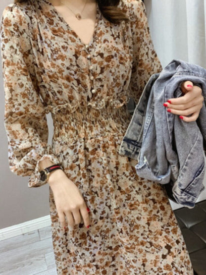 maoxiangshop Summer New Ladies Floral Chiffon Dress Long Sleeve V Neck Waist Thin Retro Gentle Temperament Long Skirt Dresses