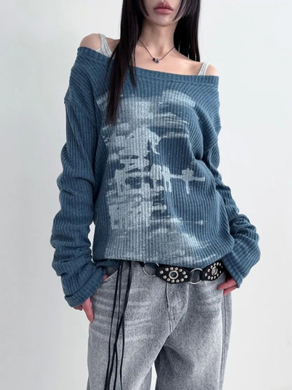maoxiangshop  -  Autumn Harajuku Women Printing Tees Vintage Streetwear Grunge Skew Collar Tops Y2k Aesthetic Loose Casual Hiphop Vintage Tops