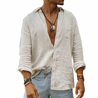 maoxiangshop Men Casual Cotton Linen ShirtsStanding Collar Male Solid Color Long Sleeves Loose Tops Spring Autumn Handsome Men's Shirts