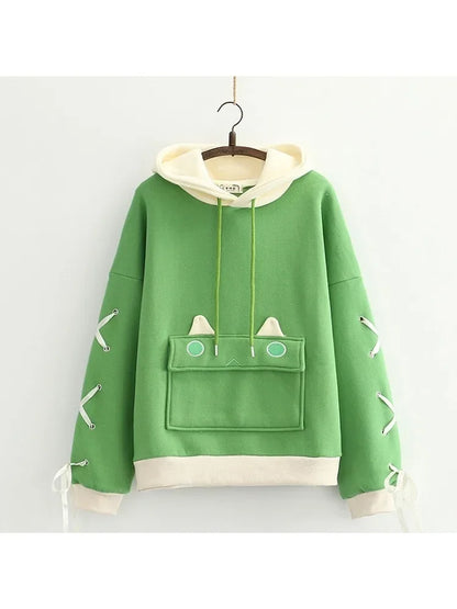 maoxiangshop Harajuku Kawaii Hoodies Cartoon Dinosaur Print Casual Women Winter Warm Fleece Hooded Cotton Sweatshirt Teen Girls Cute Top