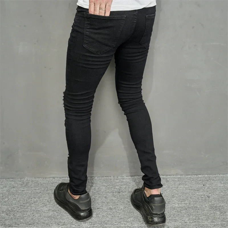 maoxiangshop Streetwear Ripped Slim Men Pencil Jeans Pants Stylish Male Hip Hop Stretch Holes Casual Denim Trousers