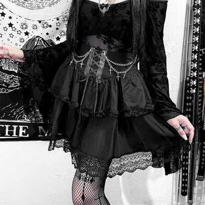 maoxiangshop Medieval Goth Black Pleated Mini Skirts Lolita Aesthetic Skirt Women's High Waist Lace Trim Gothic Skater Skirt Halloween Outfit