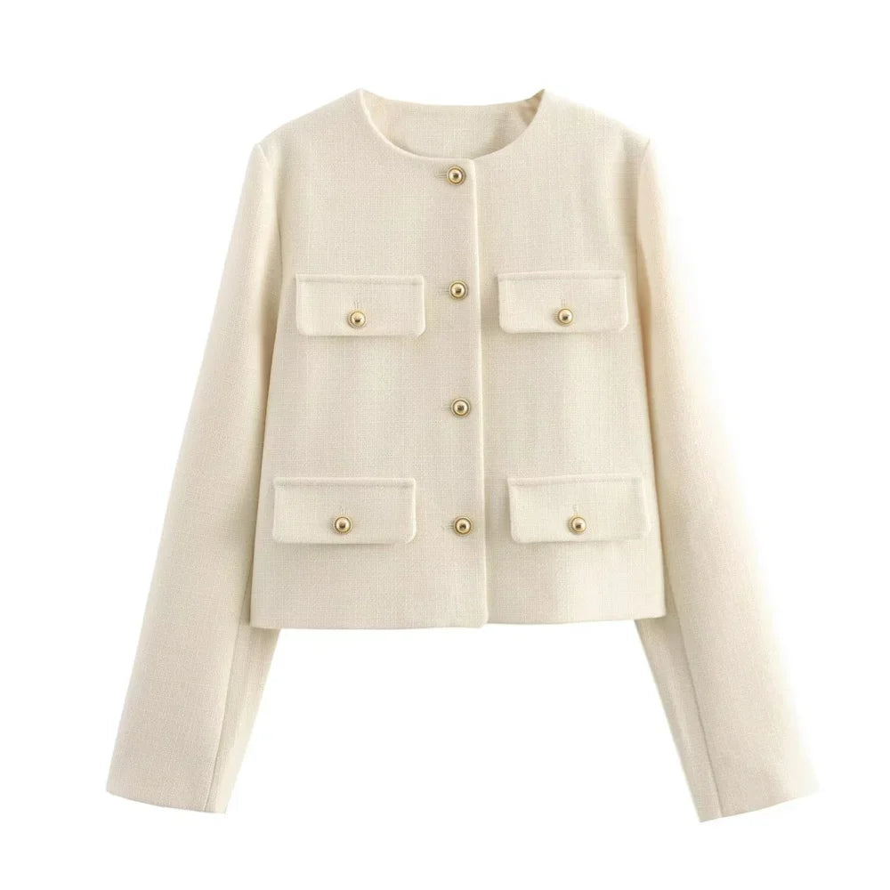 Winter New Product Women's Fashion and Casual Versatile Round Neck Flip Decoration Short Suit Coat