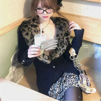 maoxiangshop  -  Y2K Retro Leopard Print Fur Collar Patchwork Knitted Cardigan Jacket Autumn Winter Hot Girl Waist Slim Harajuku Casual Jacket