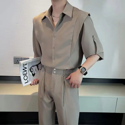 maoxiangshop Summer Ice Silk Men's Suits Casual Short Sleeve Shirt And Pants Two-piece Set Ruffled  Handsome Draped Korean Style Loose Set