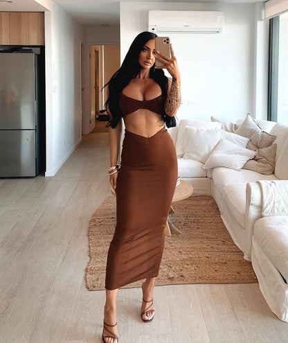 maoxiangshop Summer 2 Pieces Set Women New Arrivals Sexy Crop Top and Skirt Set Elegant Brown Bodycon Dress for Party Club