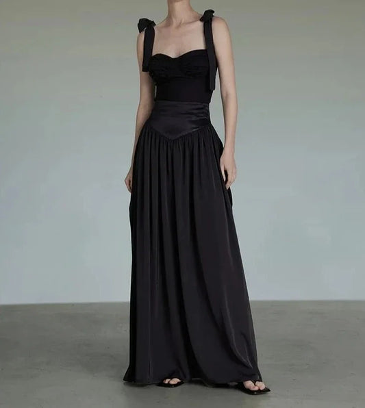 maoxiangshop  -  2024 New Women Designer Two Pieces Set Black Camisole Tops Slimy Gothic Girl Tanks Maxi Skirts Outfit Hepburn Vintage Skirt
