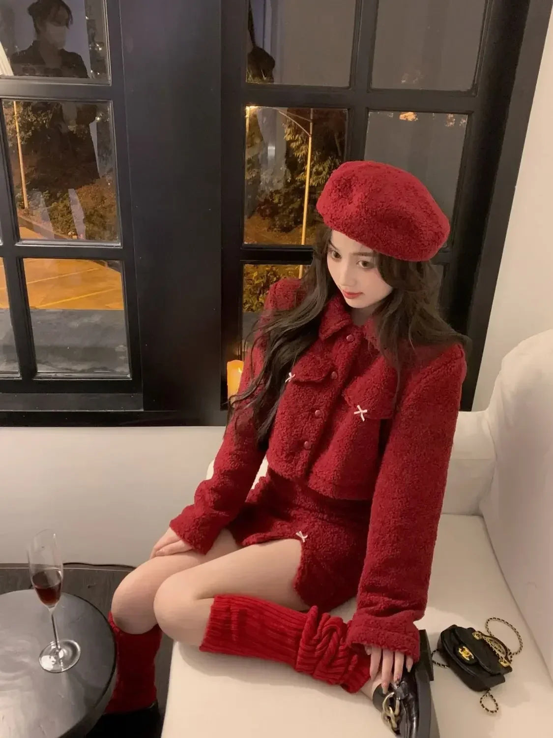 maoxiangshop  -  New Year's Robe Red Skirt Set Autumn/Winter Christmas Dress Up High End Sweet Short Coat Mini Skirt Two Piece Set Women Outfits