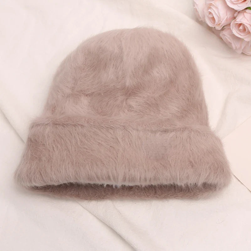 maoxiangshop New Fashion Rabbit Fur Y2k Beanies for Women Soft Warm Fluffy Angola Winter Hat Female Windproof Bonnet Hat Skullies Cap