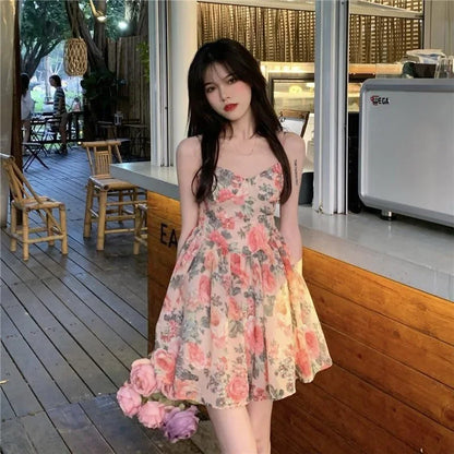 maoxiangshop Elegant High-waisted Slimming Floral Tank Dress For Women Spring Summer French Style Petite Mini Dress A- line Sleeveless