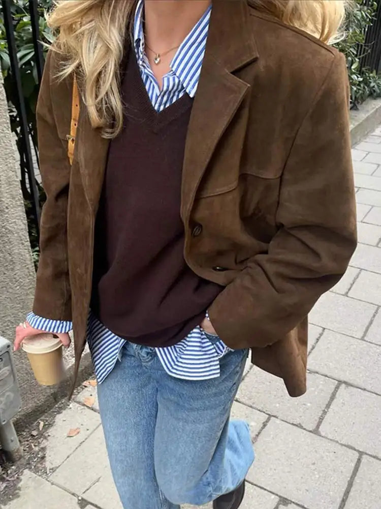 maoxiangshop  -  Women Elegant Vintage Solid Single Breasted Blazer Coat Fashion Lapel Long Sleeves Pocket Jacket Autumn Lady Commuting Outerwear