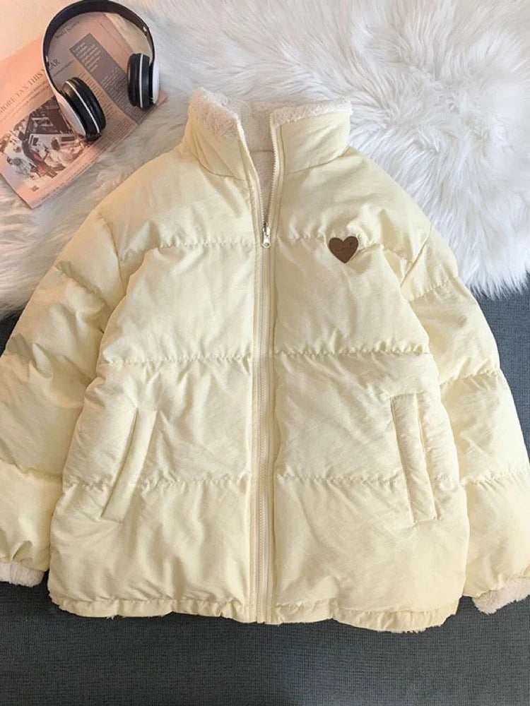 maoxiangshop Cute Embroidery Women Parkas Coat Winter Thick Hairy Korean Loose Warm Jacket Double Sided Design Pink Student Clothes