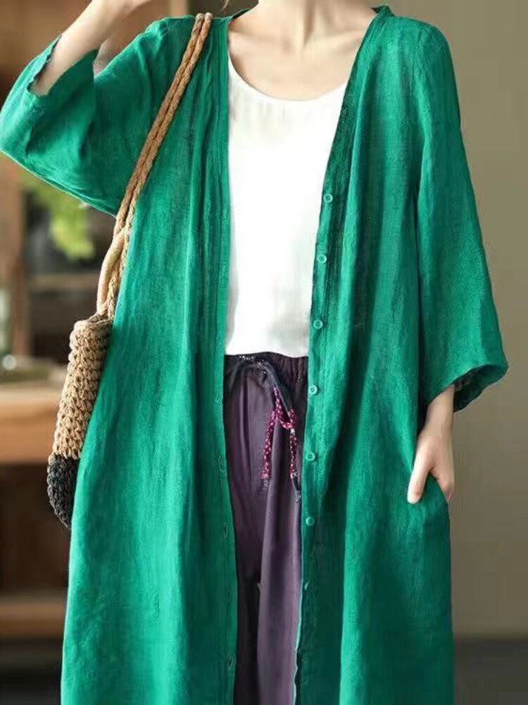 Summer New Women's Casual Sunscreen Linen Top Loose T-shirt Long-sleeved Cotton and Linen Coat Comfortable Simple Oversized