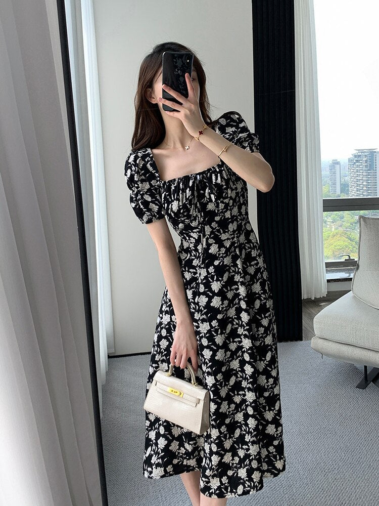 maoxiangshop Vintage French Sexy Bodycon Black Floral Square Collar Office Lady Midi Chiffon Dress Women Party Elegant Clothes Summer