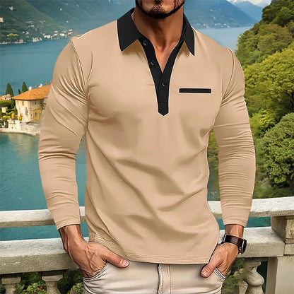 maoxiangshop Spring and Autumn Men's Long sleeved Polo Shirt Leisure Fashion Classic V-neck Polo Shirt European and American Large Sizes