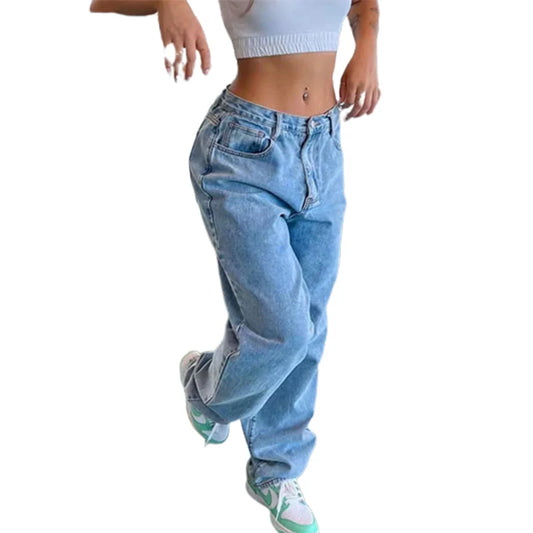 maoxiangshopWomen Loose Wide Leg Straight Jeans Vintage Streetwear Ladies Mid Waist Button Splicing Denim Pants Comfortable Casual Trousers