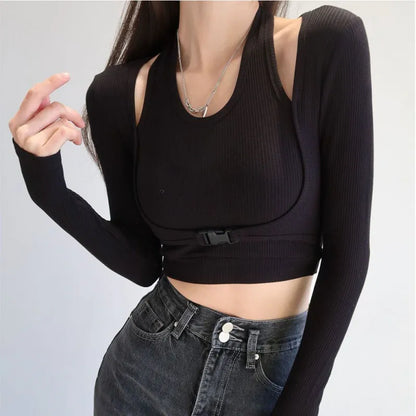 Slim Fit Long Sleeve T-shirts Women Solid Stylish Simple Chic Halter Fake-two Pieces Crop Tops Female All-match Fashion