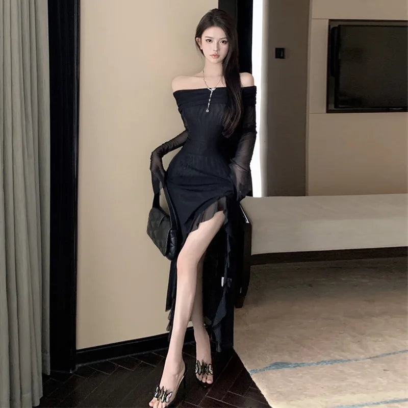 maoxiangshop Women Black Sexy Long Dress Off Shoulder Elegant Irregular Ruffles Split Evening Party Dresses Bodycon Gothic Lace Dress