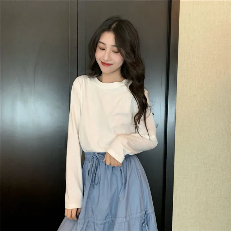 Women Casual Long Sleeve T-Shirts Spring Autumn Solid Fit Pullovers Tees O-Neck Korean Version Loose Bottoming Shirt Inner Top