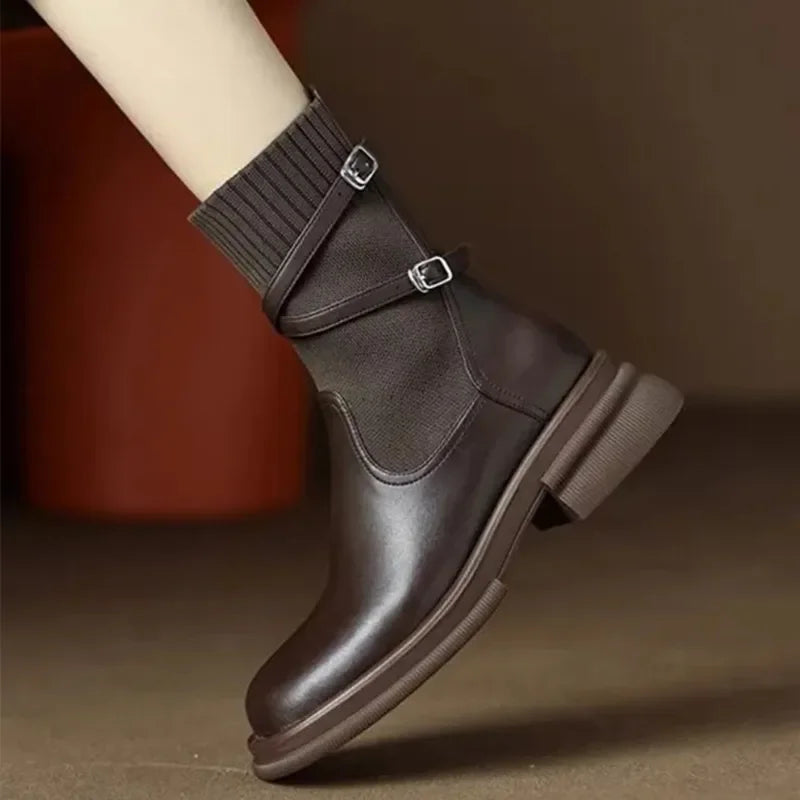 maoxiangshop  -  Knitted Elastic Socks Boots Women 2024 Winter Warm Chunky Heel Platform Ankle Boots Leather Pu Belt Buckle Design Botas Mujer