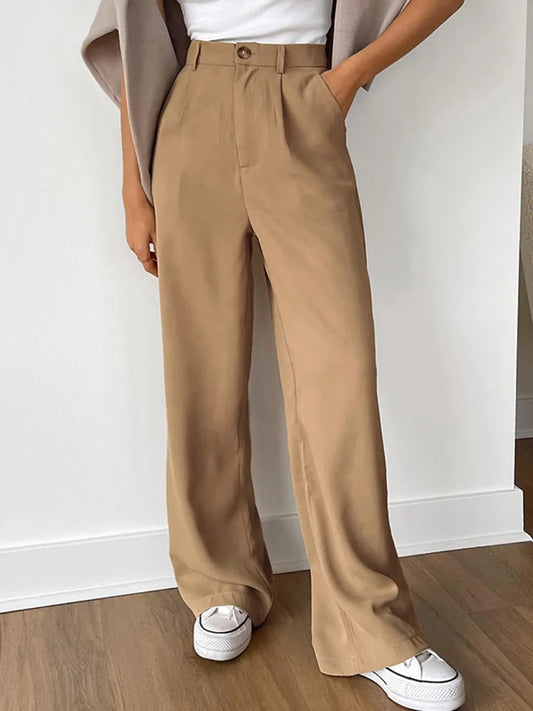 maoxiangshop  -  Solid Fashion Women Maxi Pants Autumn High Waist Straight Loose Button Female Trousers Streetwear Office Lady Suit Pant New