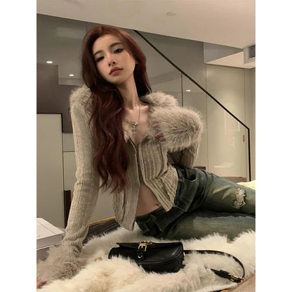 Y2K Cropped Knitted Cardigan Women Faux Fur Patchwork Sweater Jacket Streetwear Sexy V Neck Jumper Korean Bodycon Knitwear