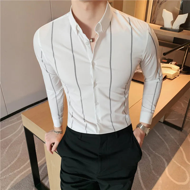 maoxiangshop Mens Shirts Autumn New Long Sleeve Stripe Dress Shirt Solid Casual Formal Wear Slim Fit Chemise Homme Camisas Men Clothing