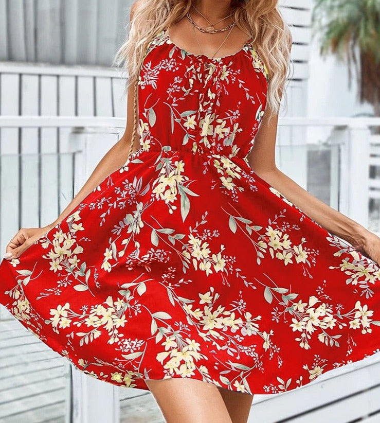 maoxiangshop Sexy Floral Print Short Dress Women Summer Fashion Black Backless Beach Sundress Casual Sleeveless Lace-up New In Dresses