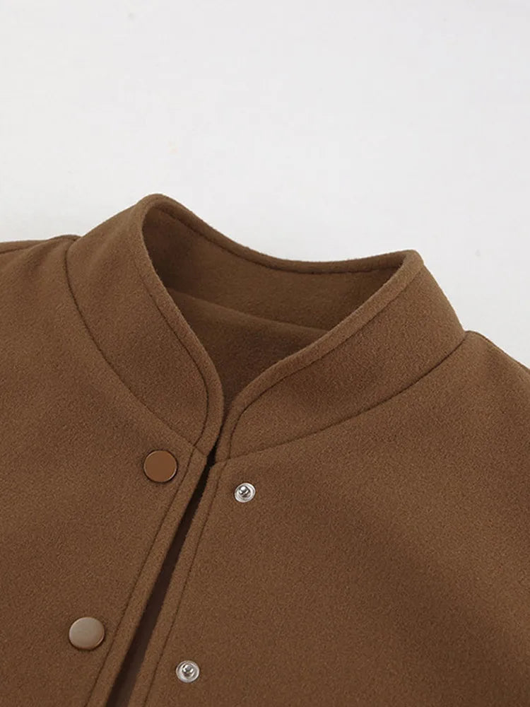 maoxiangshop  -  Thick Women's Autumn Bomber Jacket Woolen Single Breasted Oversized Stand Collar Casual Pocket Coats All-match Chic Outwear
