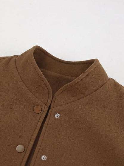 maoxiangshop  -  Thick Women's Autumn Bomber Jacket Woolen Single Breasted Oversized Stand Collar Casual Pocket Coats All-match Chic Outwear