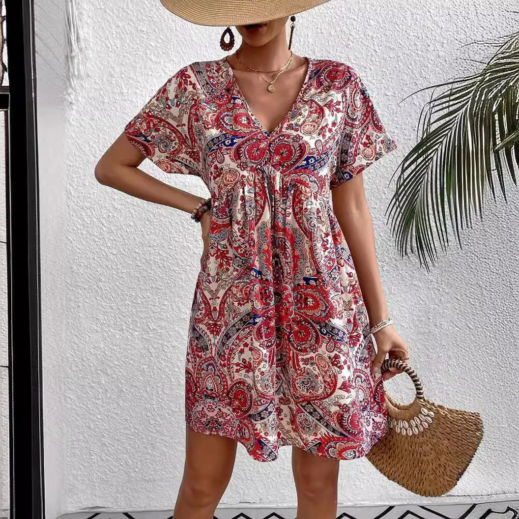 maoxiangshop 2024 Summer New Women Ethnic Graphic Print Dress Beach Bohemian Sundress V Neck Short Sleeve Dress Holiday Dresses Vestidos