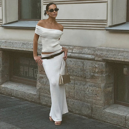 maoxiangshop  -  Elegant Knitted Slash Neck Suits With Long Elastic Skirts Women Autumn Sleeveless Knitting Tops Solid High Waisted Skirt Sets