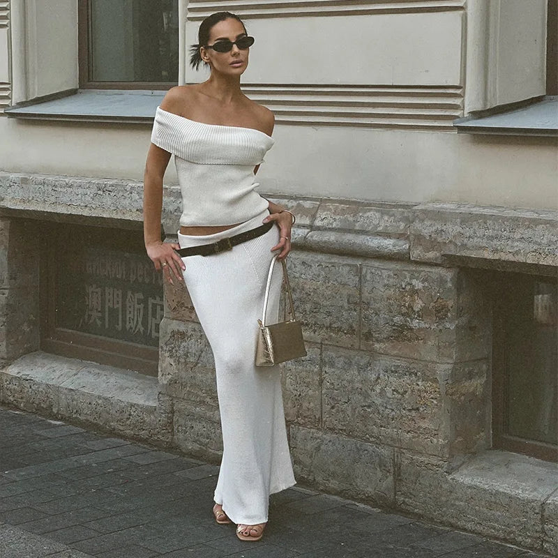 maoxiangshop  -  Elegant Knitted Slash Neck Suits With Long Elastic Skirts Women Autumn Sleeveless Knitting Tops Solid High Waisted Skirt Sets