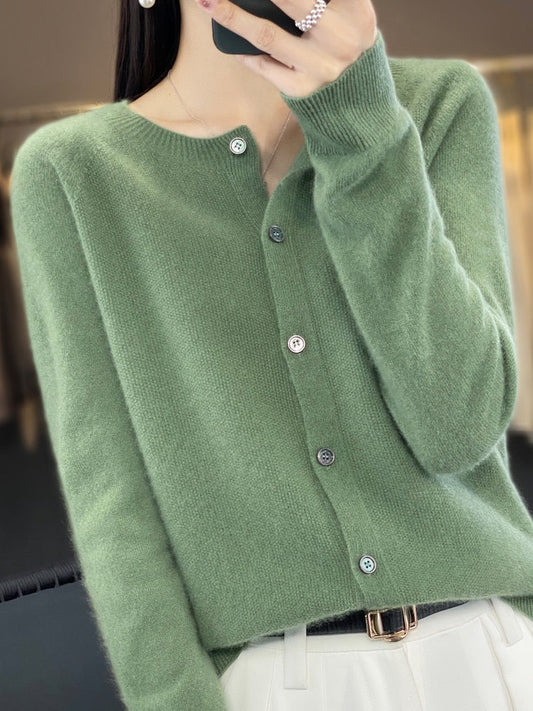 maoxiangshop Aliselect Long Sleeve Women Knitwear Cashmere Knit 100% Pure Merino Wool Spring Autume O-Neck Top Cardigan Sweater Clthing Coat